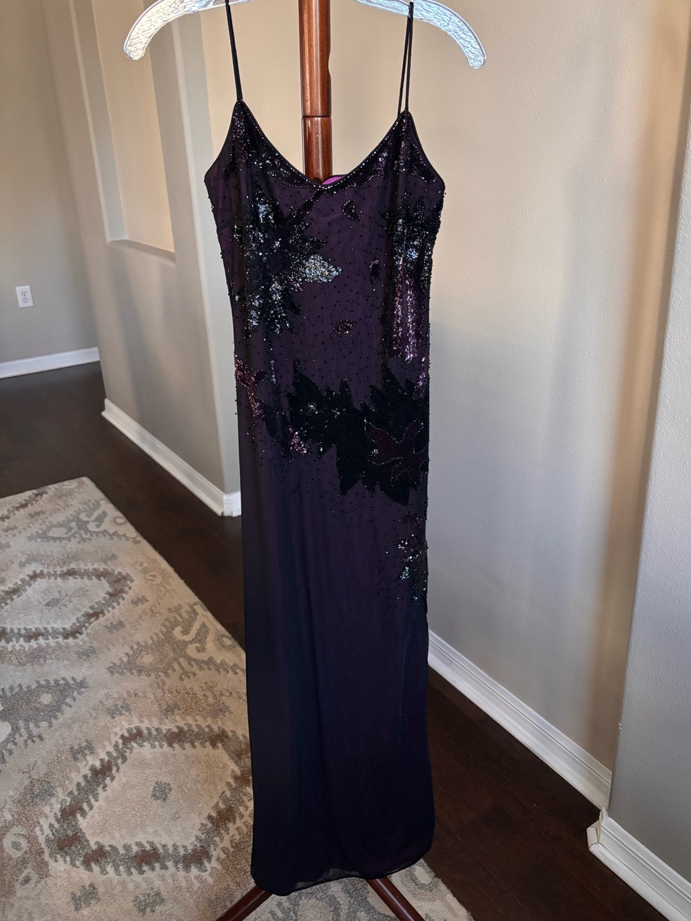Vintage Rimini Women's Deep Purple Sequin Dress with Floral Design